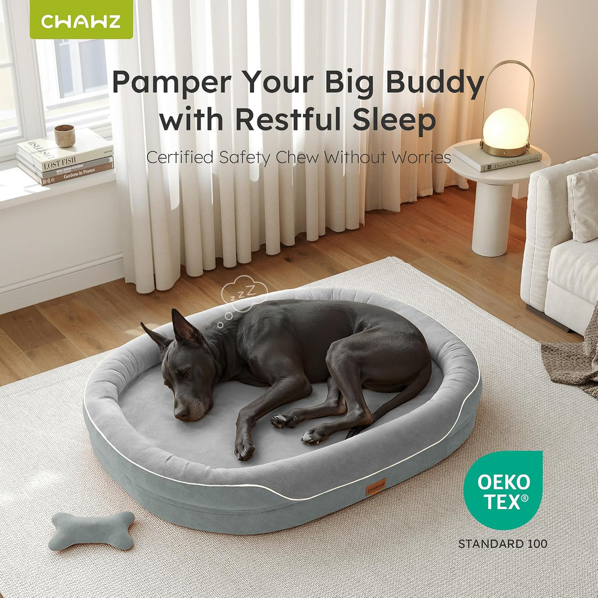 CWAWZ XXL Orthopedic Dog Bed, 53 in. Dog Bed for Large Sized Dogs with Full-Surround Bolsters, Dual-Sided Dog Cooling Beds with Memory Foam, Washable Pet Sofa Couch with Nonslip Bottom, Light Grey