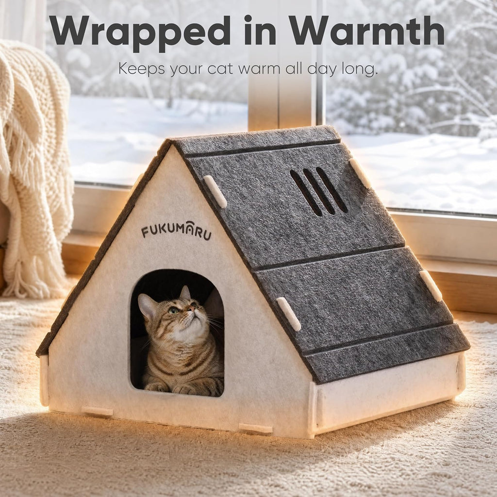 FUKUMARU Cat House Cave Bed for Indoor Cats, Large Warm Felt Cat Hideaway