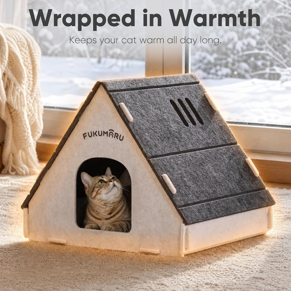 FUKUMARU Cat House Cave Bed for Indoor Cats, Large Warm Felt Cat Hideaway