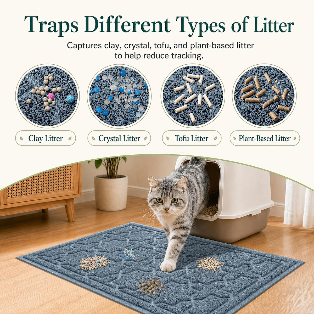 Yimobra Cat Litter Mat, Waterproof Litter Trapping Mat, 47x36, Tea Blue | PVC Litter Box Mat with Non Slip Backing, Easy Clean Surface and Scatter Control Design for Cleaner Floors