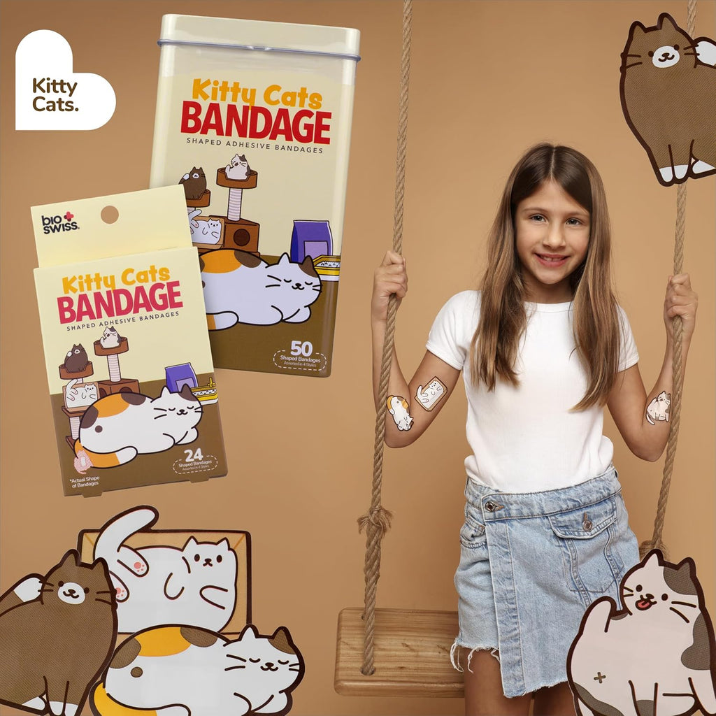 BioSwiss Bandages, Kitty Cats Shaped Self Adhesive Bandage Set, Latex Free, Sterile Wound Care, 24 Count