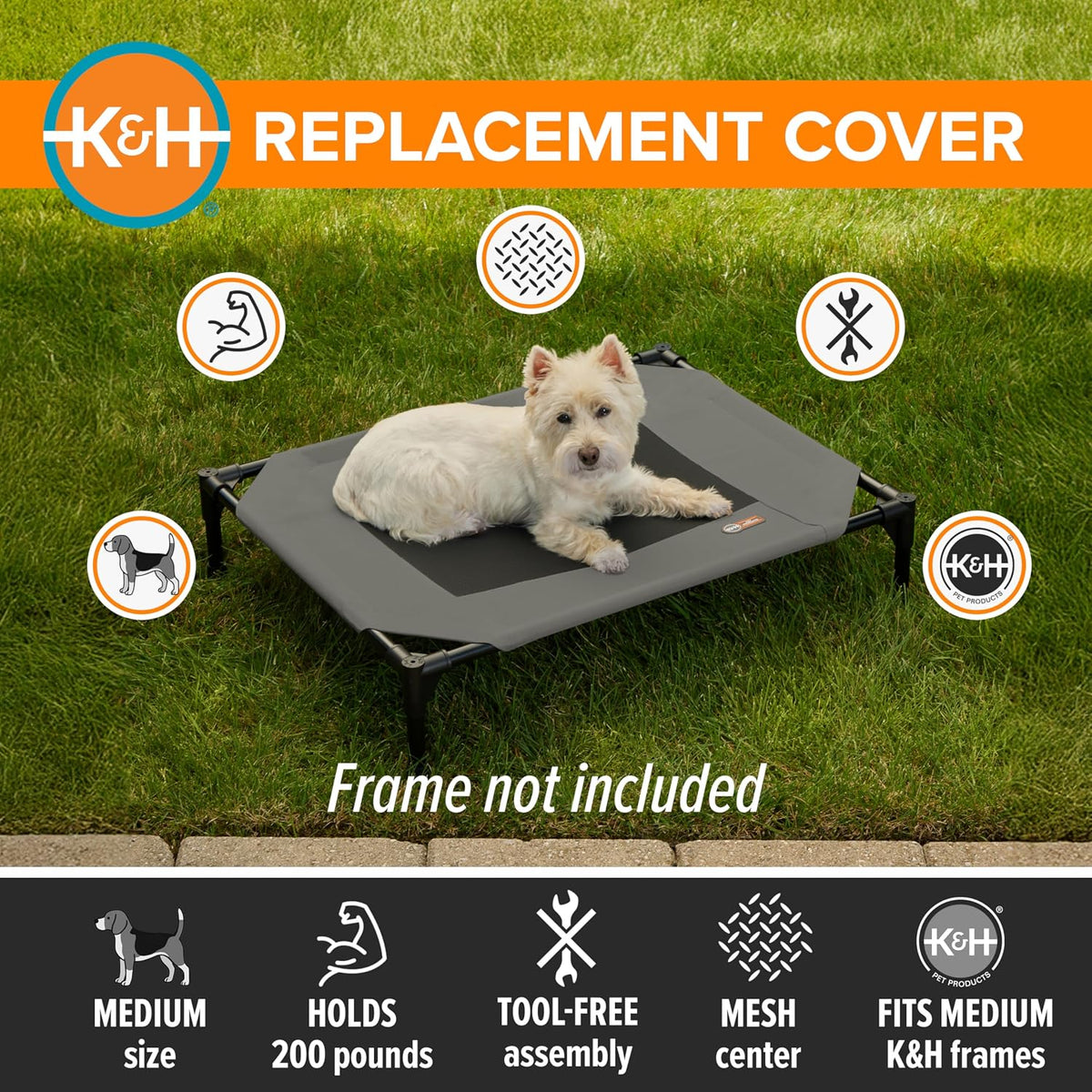 K&H PET PRODUCTS Original Pet Cot Replacement Cover (Cot Sold Separately) - Gray/Black Mesh, Medium 25 X 32 Inches