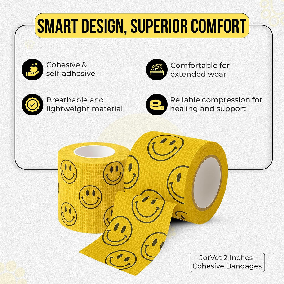 JorVet 2" x 5 Yards Cohesive Bandages | Fun Self-Adhesive Wrap for Animal Wound | Easy Tear, No Scissors Needed | Individually Wrapped Vet Tape, Secure & Flexible | Smiley Face Yellow | Pack of 12
