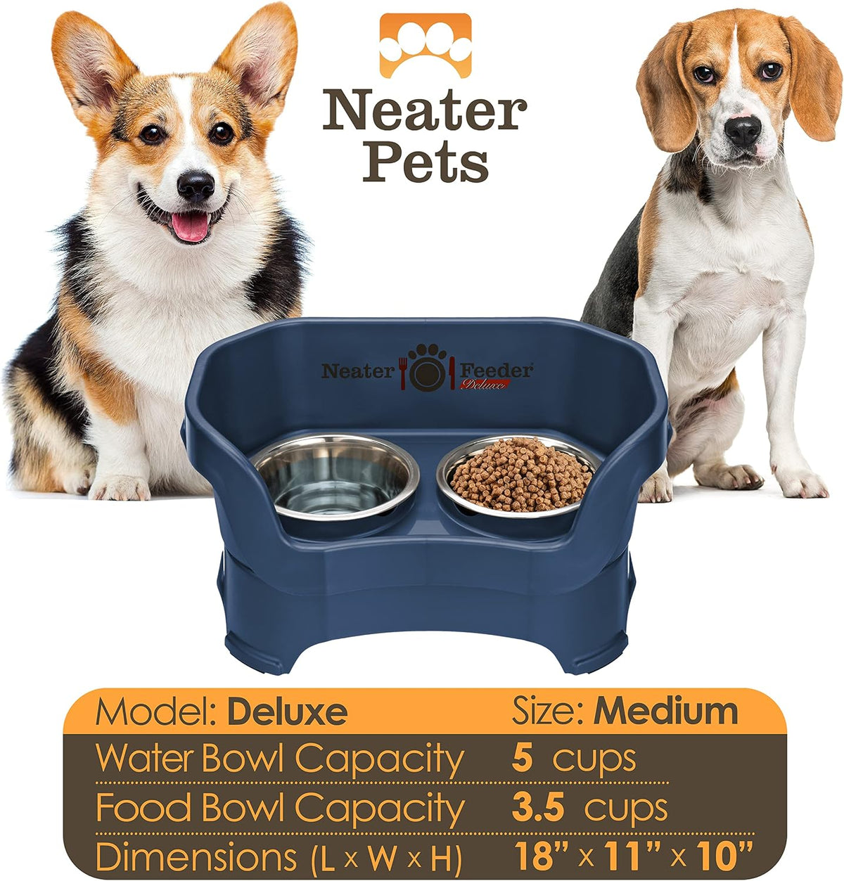 Neater Pet Brands Neater Feeder Deluxe Mess Proof Dog Bowls Elevated for Medium Dogs 19-40 lbs, Made in USA, No Spill Raised Dog Food Bowl Stand Feeding Station, Food and Water Bowl Set, Dark Blue 