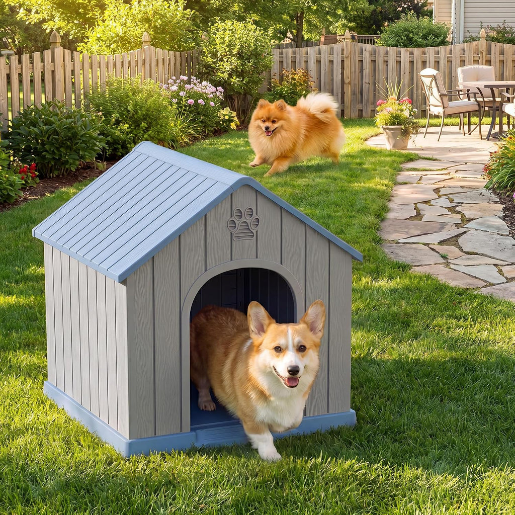 Dog House Outdoor, Plastic Small Dog House-Weatherproof Design with Air Vents & Elevated Floor for Small to Medium Dogs, Easy Clean and Assemble (Classic Blue, 26''L × 23.6''W × 25.8''H)
