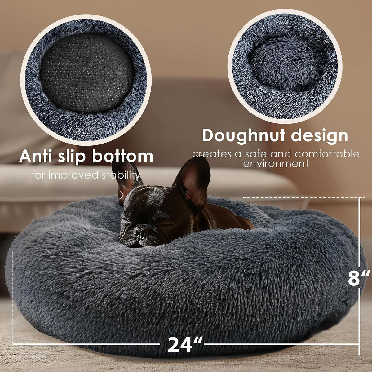 Dogs Bed for Small Dogs, Anti-Anxiety Washable Round Bed (24in Dark Grey)