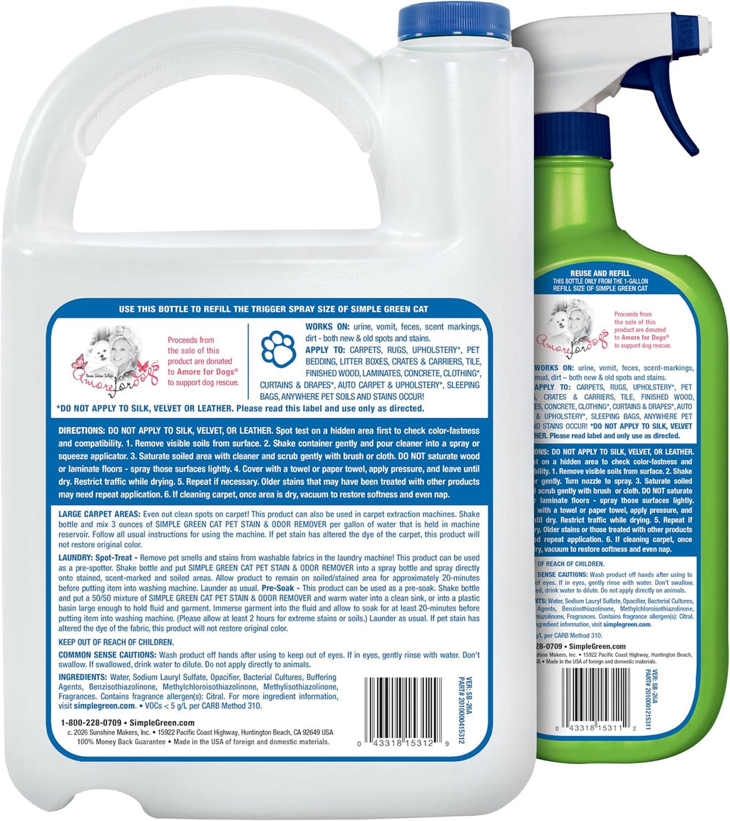Simple Green Cat Stain & Odor Remover - Enzyme Cleaner for Urine, Feces, Blood, Vomit (32 oz Sprayer & 1 Gallon Refill)