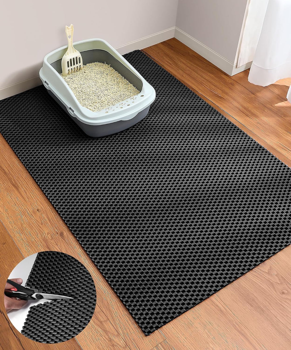 Cooyes Cat Litter Mat - Cut to Fit Any Place, 47"x35" Litter Trapping Mat | for Litter Box, Extra Large, Easy to Clean, Waterproof & Non-Slip Kitty Pad, Scatter Control to Protect the Floor (Black)