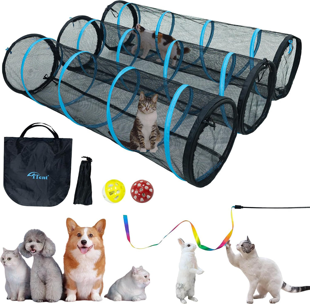 Cat Play Tunnel-for Indoors and Outdoors,Cat Tunnel Outdoor, Kitty Outdoor Enclosure, Cat Enclosures Easy to Connect with Two Zipper Doors,Product Size 59'' x 18'',3pcs /Set,Blue,3 Packs