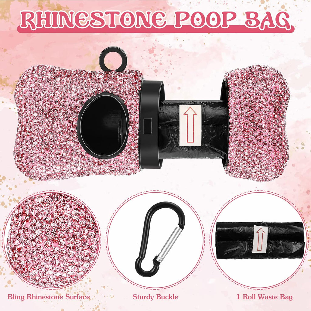 LEIFIDE 2 Pack Rhinestone Retractable Dog Leash and Bag Holder Set Pink Bling Bone Shaped Pet Waste Bags Dispenser with Metal Clip Heavy Duty Dog Leash for Most Puppy