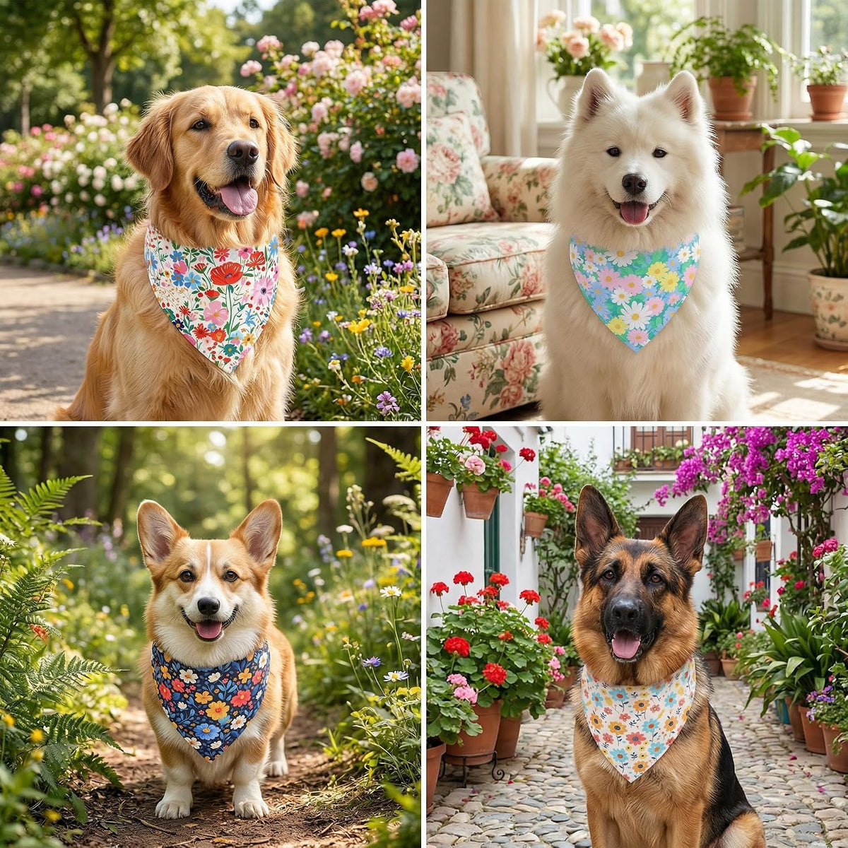 ADOGGYGO Floral Dog Bandanas Girl, 4 Pack Spring Flower Bandana, Large