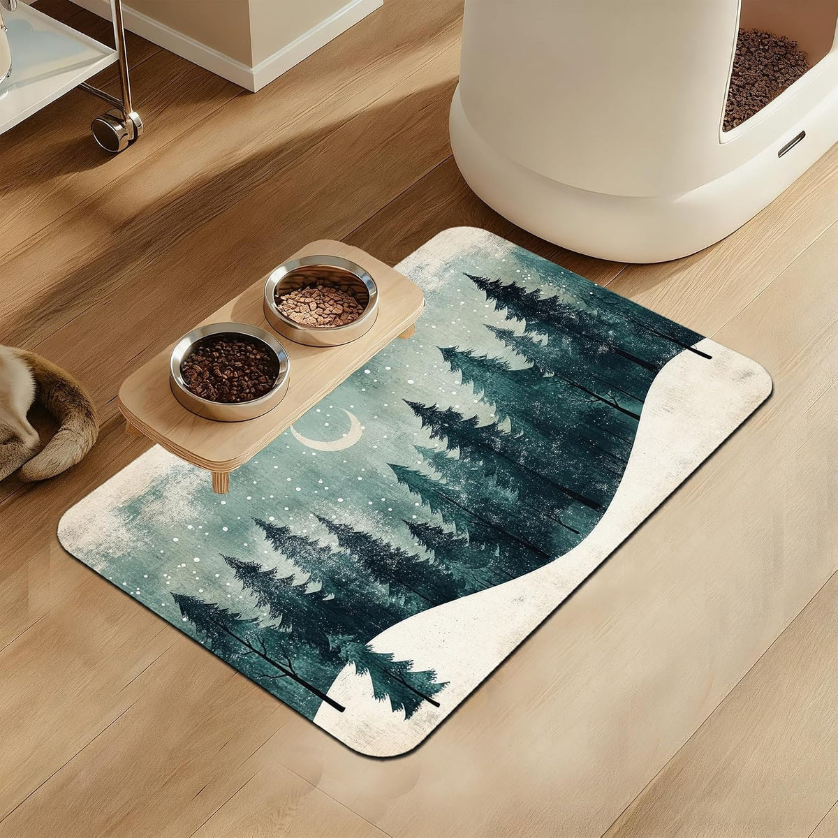 Mysty Winter Fores Pet Feeding Mat–Quick Dry Absorbent Dog Cat Food Mat, Non Slip Waterproof Bowl Placemat for Messy Eaters, Pet Accessories for Floors 12"x20"