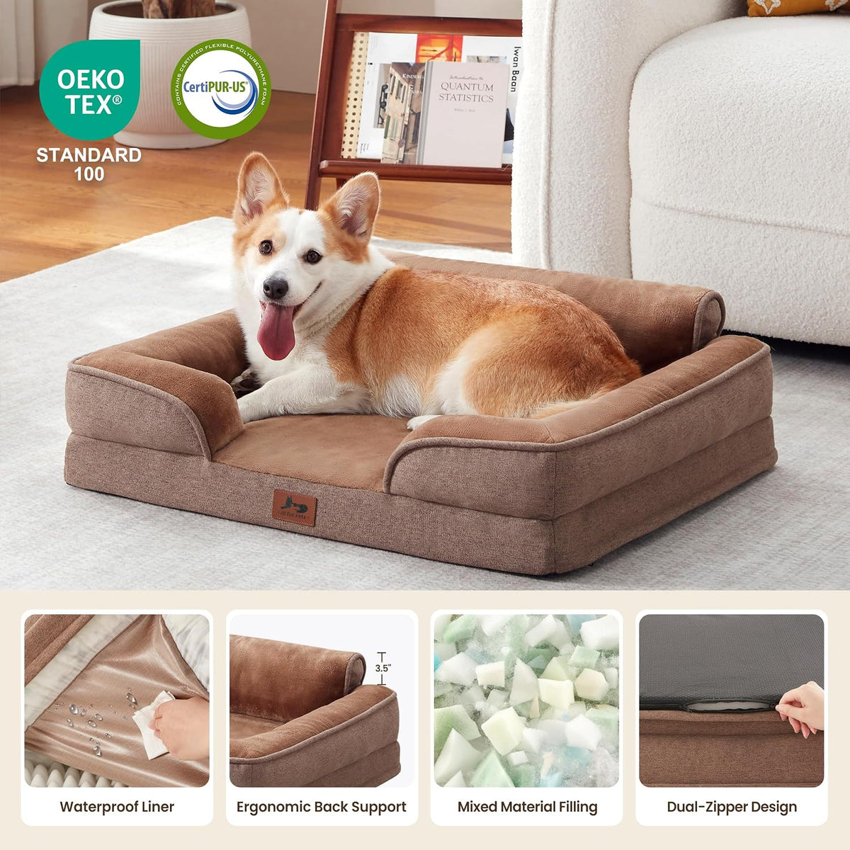 Large Orthopedic Dog Bed for Medium Dogs Removable Washable, Brown