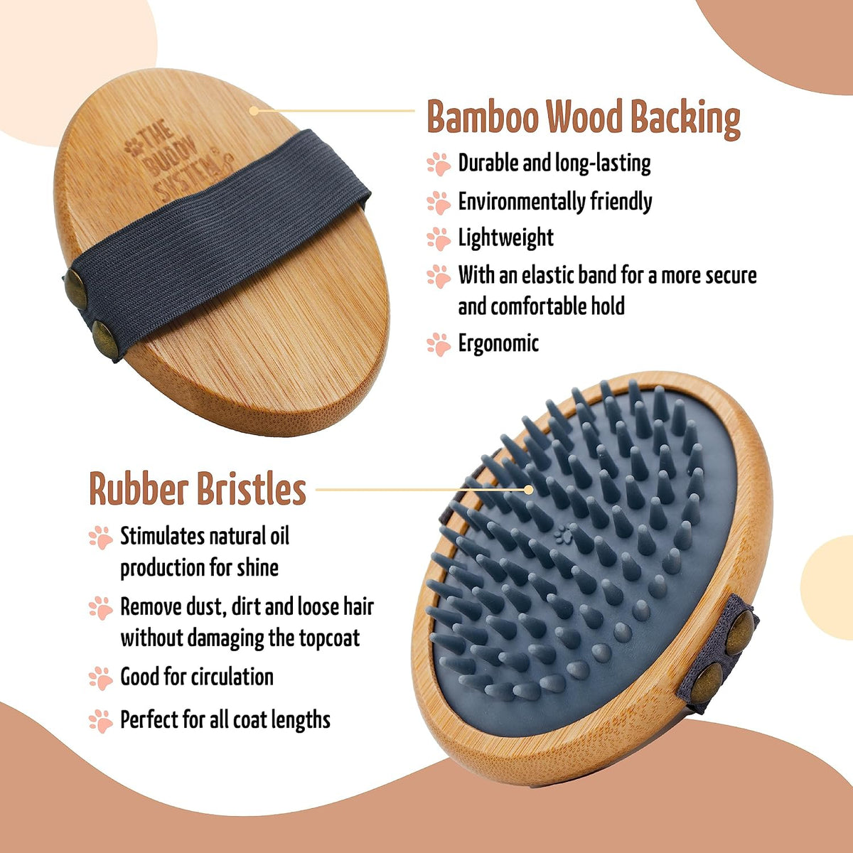 The Buddy System - Pet Close Brush, Oval Palm Brush with Rubber Bristles