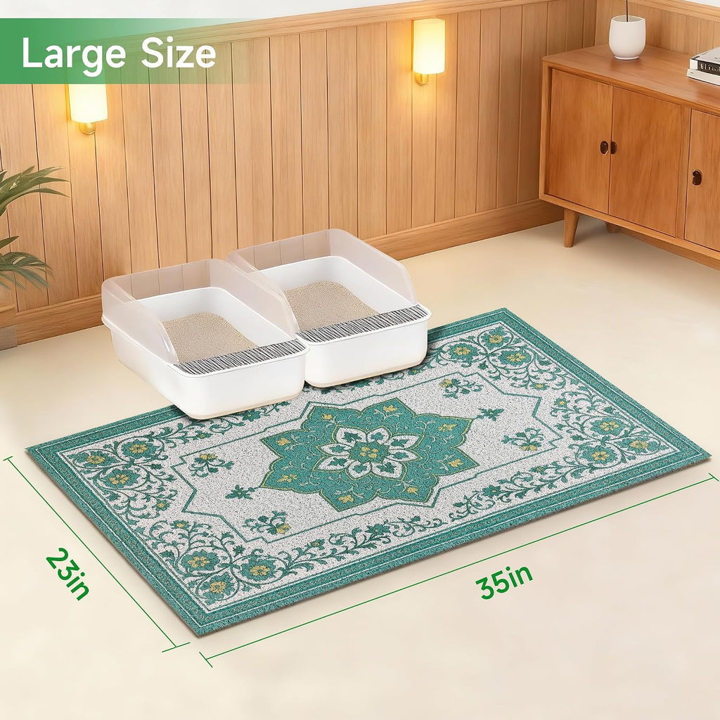 Cat Litter Mat, 35" x 23" Litter Box mat, Traps 100% Litter, Non-Slip Kitty Litter Trapping mats, Large Cute Litter mat, Easy Clean for Scatter Control, Bohe cat Food mat, Urine Waterproof | Traps 100% Litter, Cute litter mat for litter box, Soft on Ki...