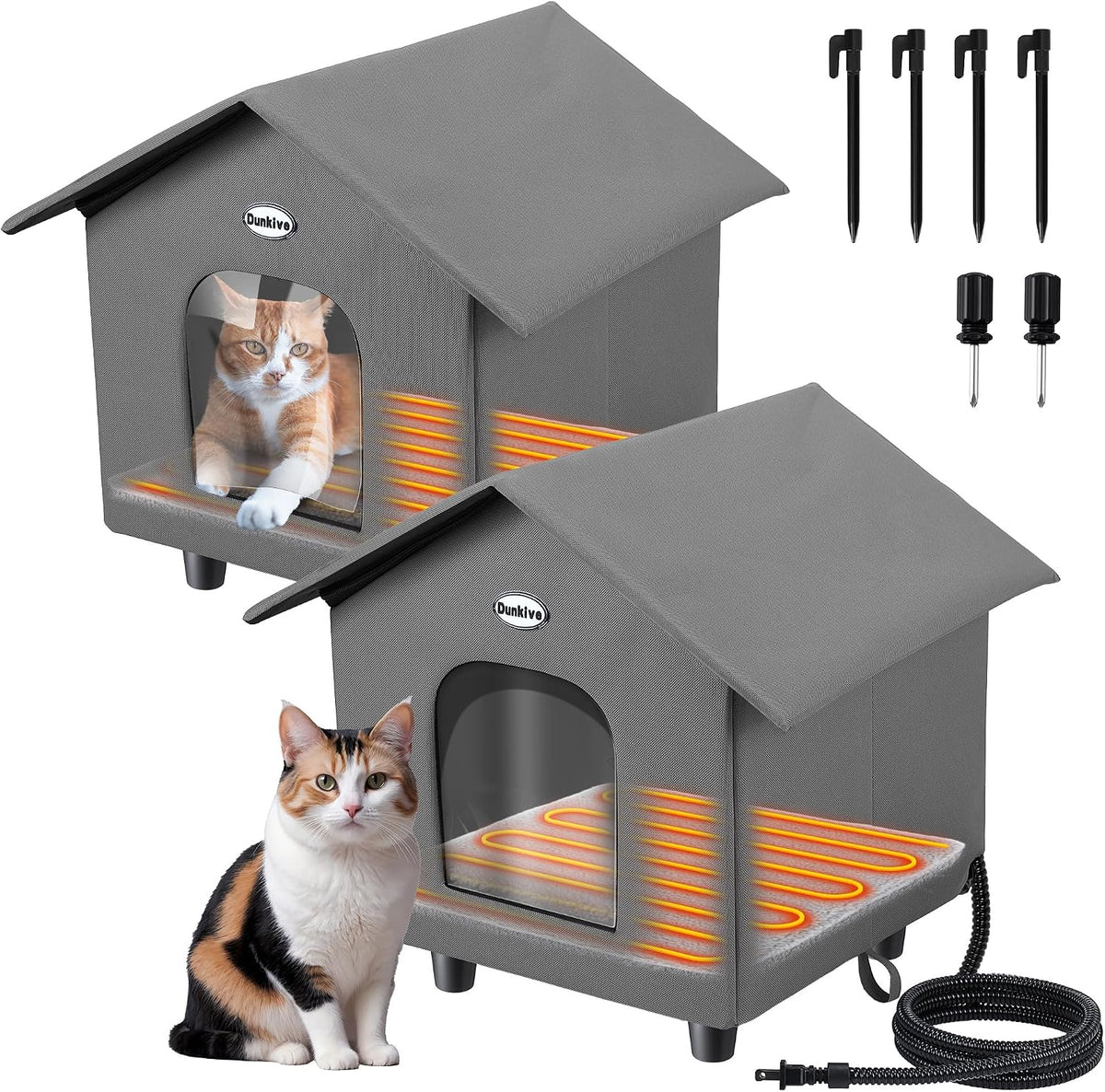 Dreyoo 2 Pack Heated Cat House Weatherproof, Dark Gray