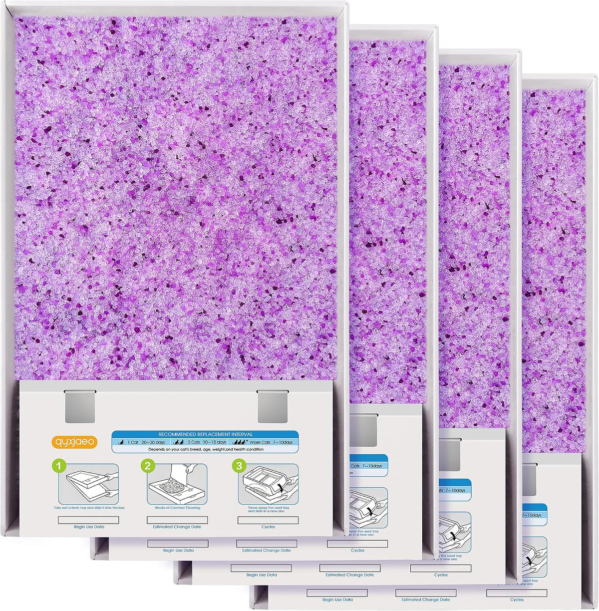 Crystal Cat Litter Tray Refill for PetSafe Litter Box Purple 4-Pack | Pre-Filled Disposable Tray for Auto Self-Cleaning Machine, No-Scoop Replacement Liner, Non-Clumping Silica, Odor/Leak-Proof