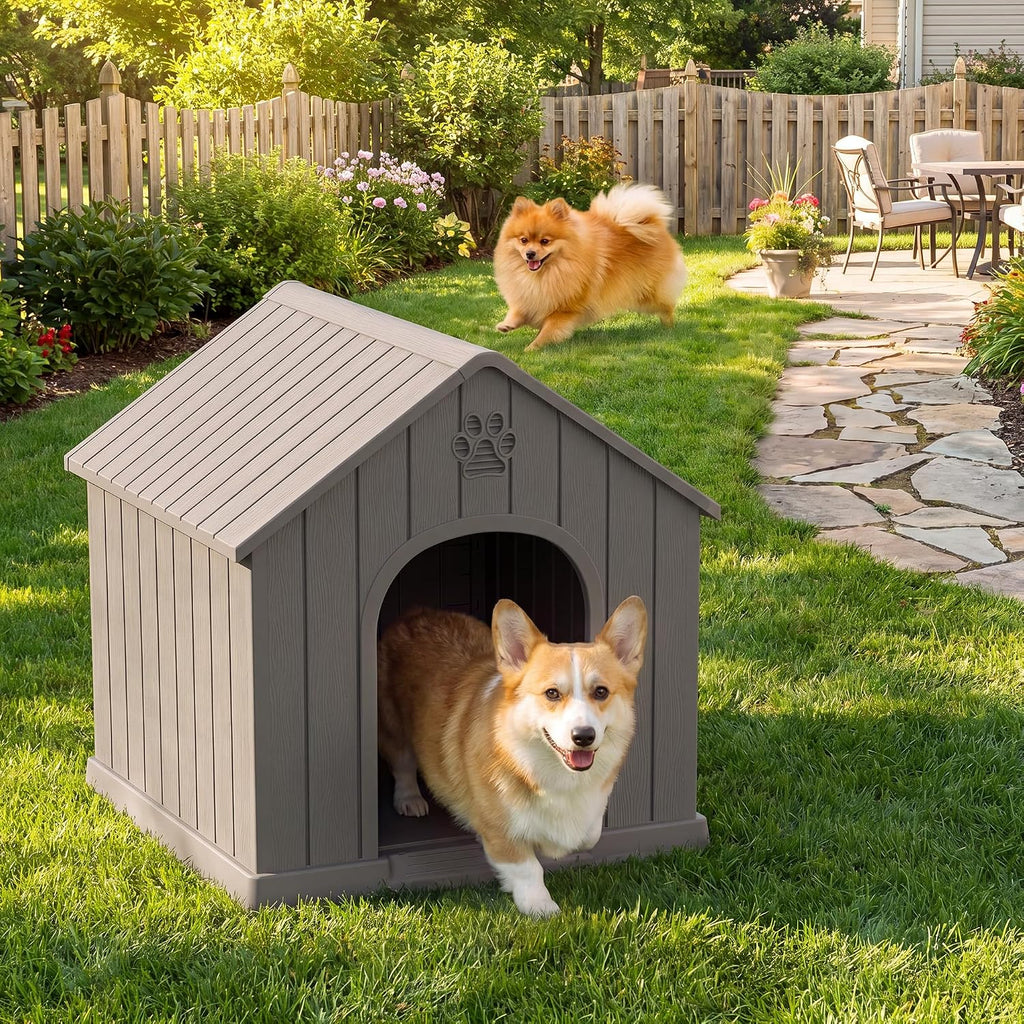 Dog House Outdoor, Plastic Small Dog House-Weatherproof Design with Air Vents & Elevated Floor for Small to Medium Dogs, Easy Clean and Assemble (Standard Grey, 26''L × 23.6''W × 25.8''H)