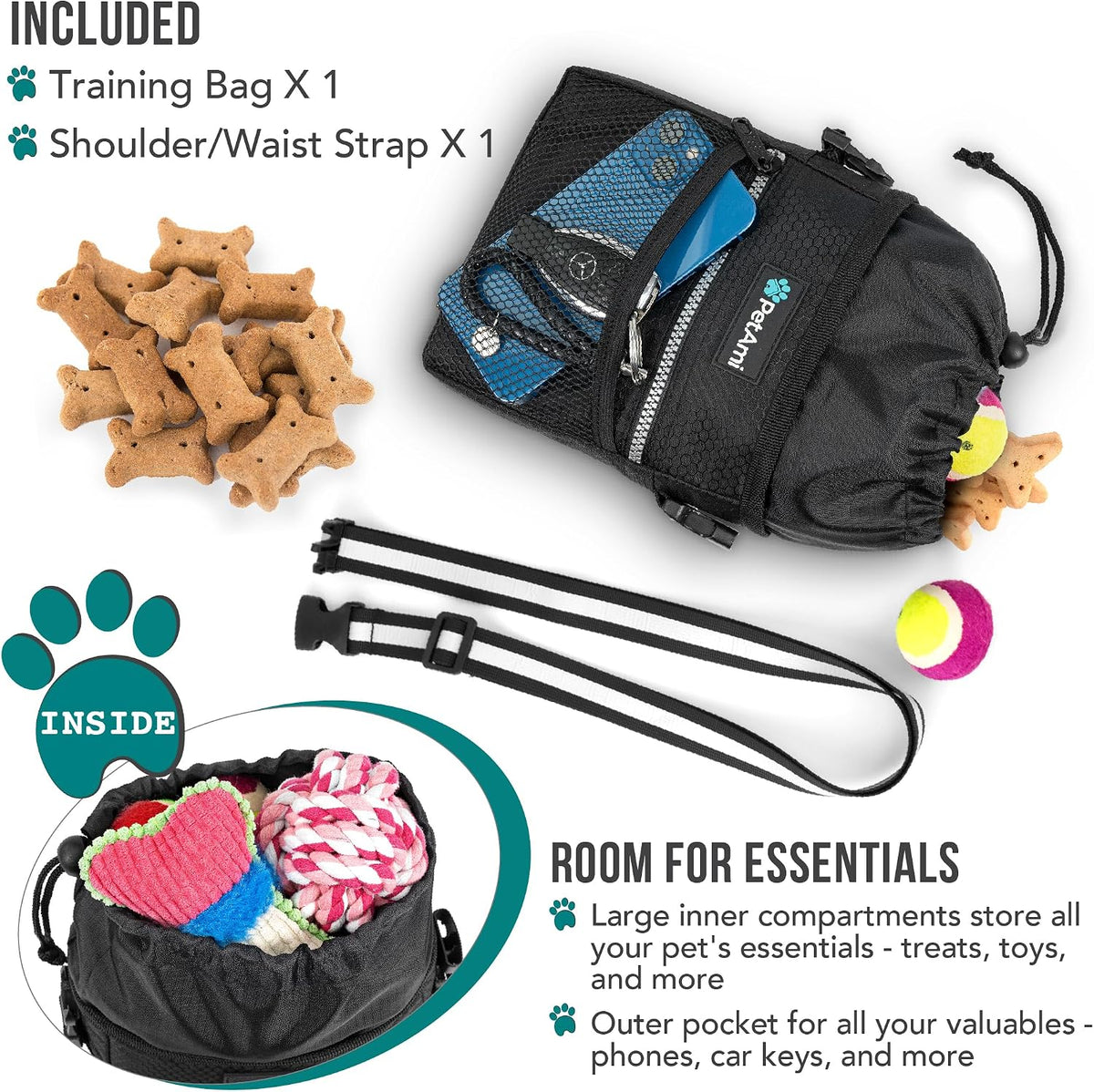 PetAmi Hands Free Dog Treat Pouch for Training and Walking, Black
