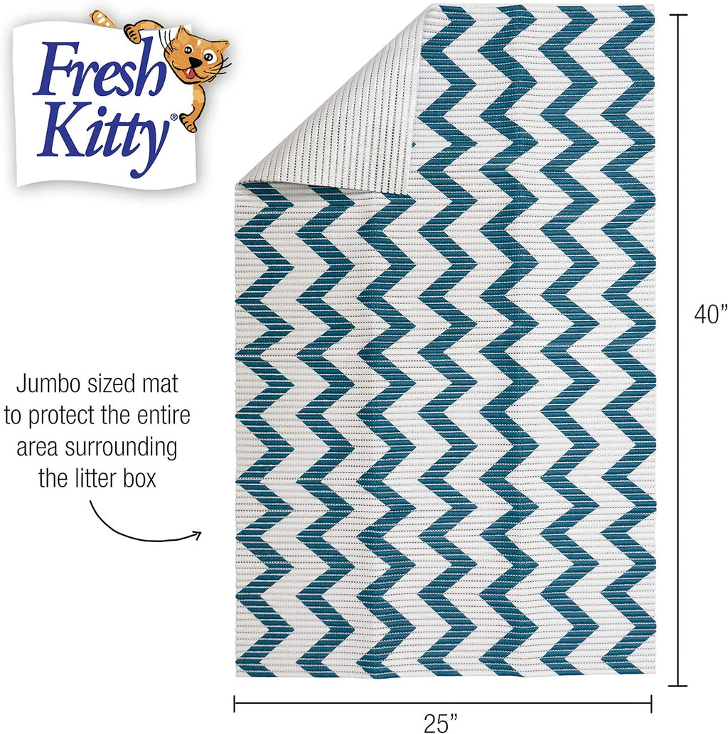 Fresh Kitty Durable XL Jumbo Foam Litter Mat – Phthalate and BPA Free, Water Resistant, Traps Litter from Box, Scatter Control, Easy Clean Mats – Chevron, Blue/White Chevron (9035)