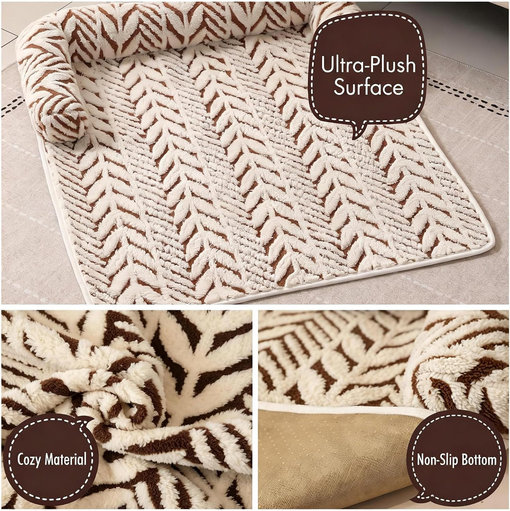Calming Dog Couch Bed Mats with Neck and Head Support, Fluffy Plush Pet Sofa Cover for Small Medium Dogs and Cats, Non-Slip Bottom, Machine Washable