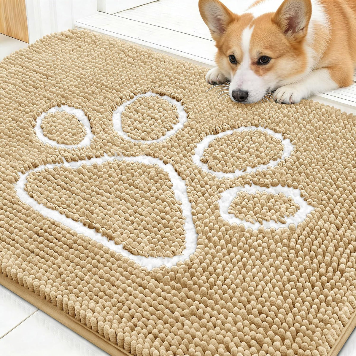 OLANLY Dog Door Mat for Muddy Paws 30x20, Paw Print Design Chenille Mud Mat
