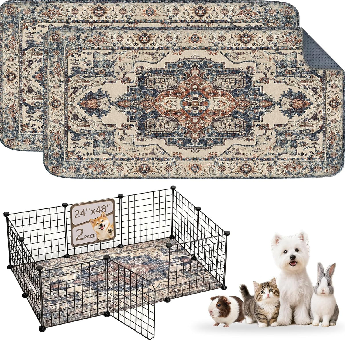 Washable Guinea Pig Pee Pads,Reusable Guinea Pig Cage Liner 2 Pack | Waterproof, Leak-Proof, Absorbent & Non-Slip, 24"x48" Bedding Potty Training Mat for Small Animal Rabbit Bunny Hamster Rat