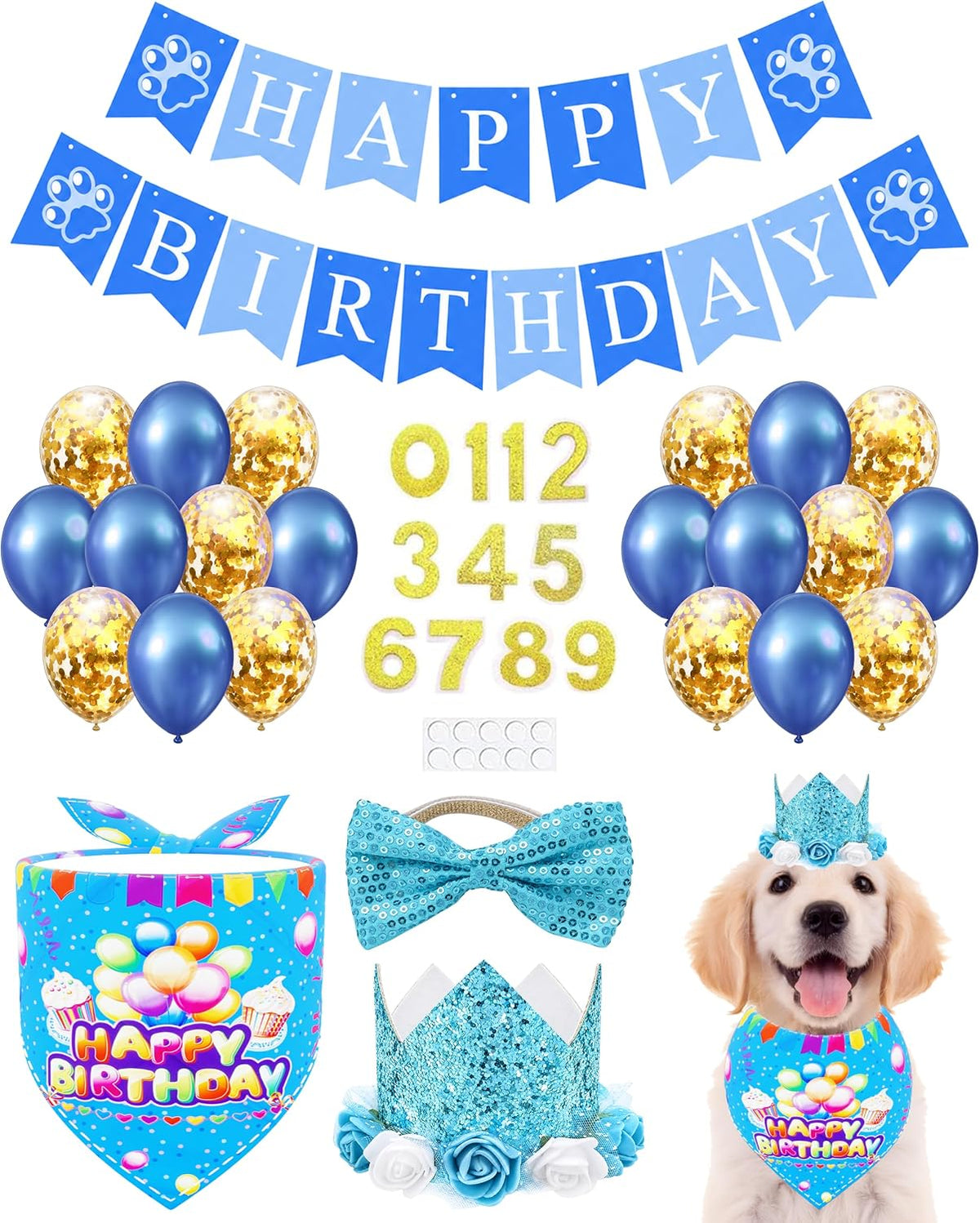 PET SHOW Dog Birthday Party Decorations Blue Crown with Bandana & Bowtie