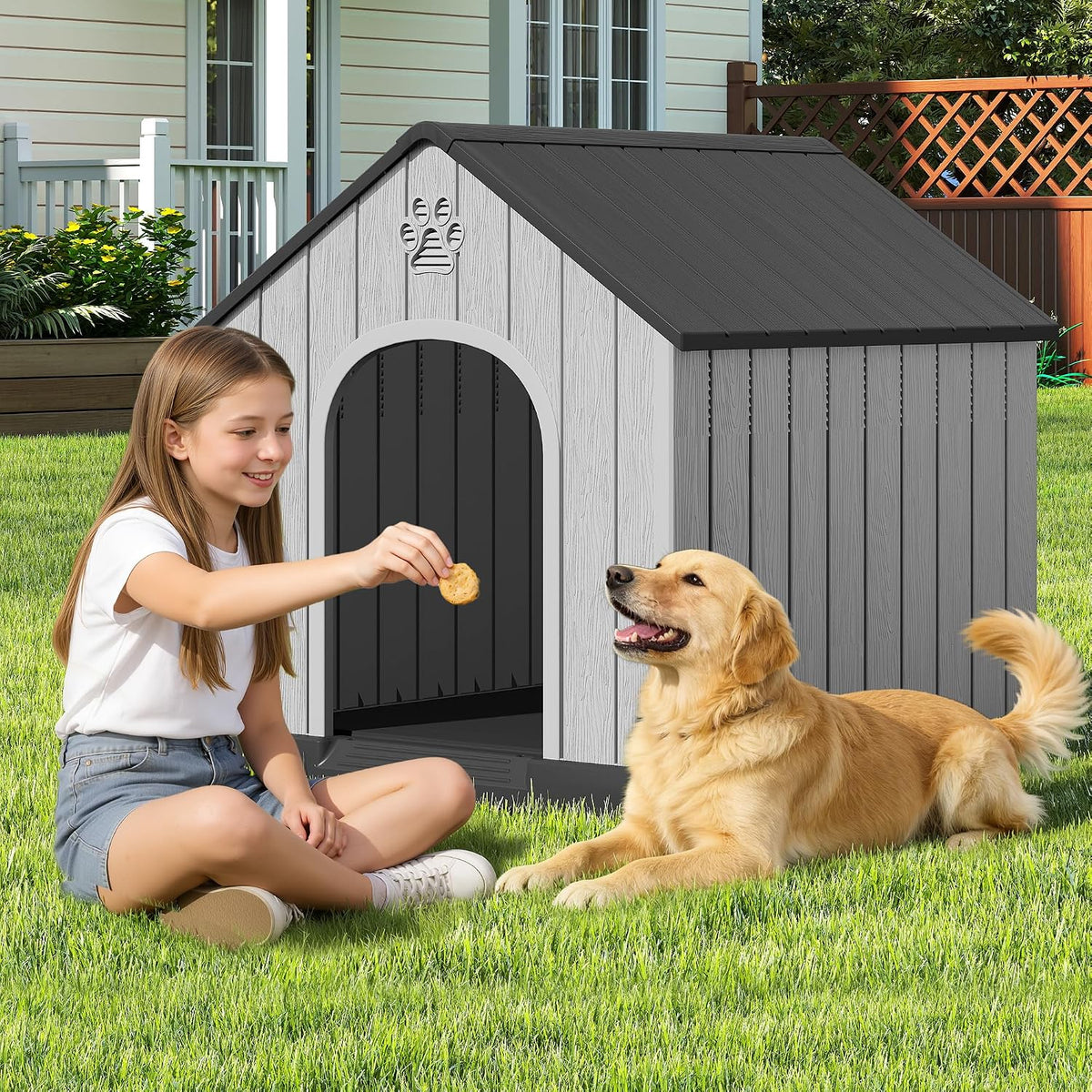 Fancyango Large Dog House Outdoor Indoor for Medium Large Dogs, Durable Plastic Waterproof Doghouse with Air Vents and Elevated Floor, Easy Clean and Assemble (Black, 36.2''L×38''W×38''H)