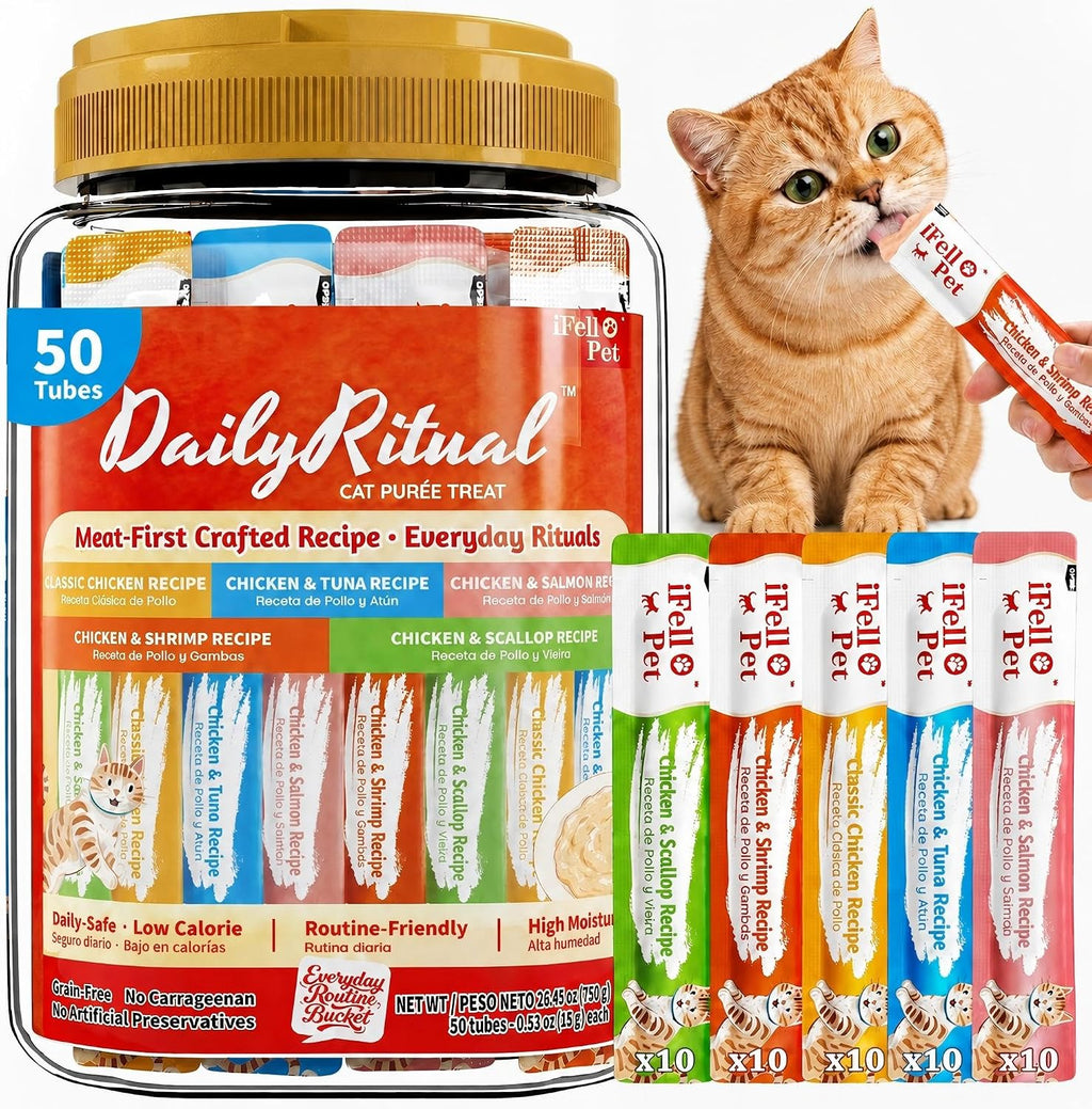High-Meat Lickable Cat Treats 50 Count,Squeezable Creamy Purée with Vitamin E, 0.53 Ounces per Tube,Chicken & Seafood Variety