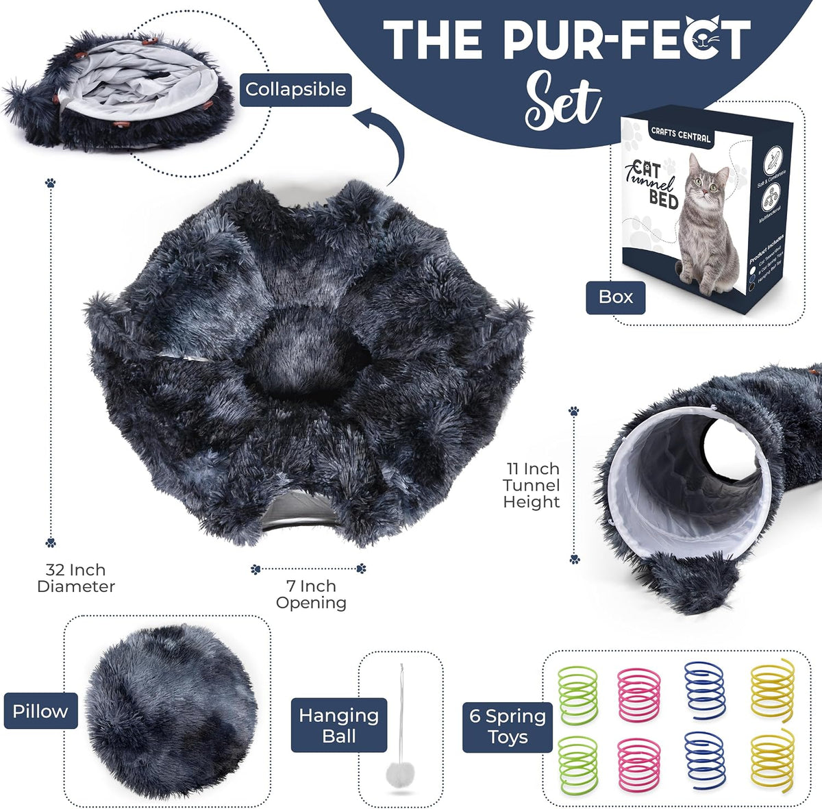 Cat Tunnel Bed with 8 Spring Toys - Plush Peekaboo Cat Cave for Indoor Pets - Versatile Cat Donut Tunnels for Indoor Cats- Foldable Kitten Bed Tunnel
