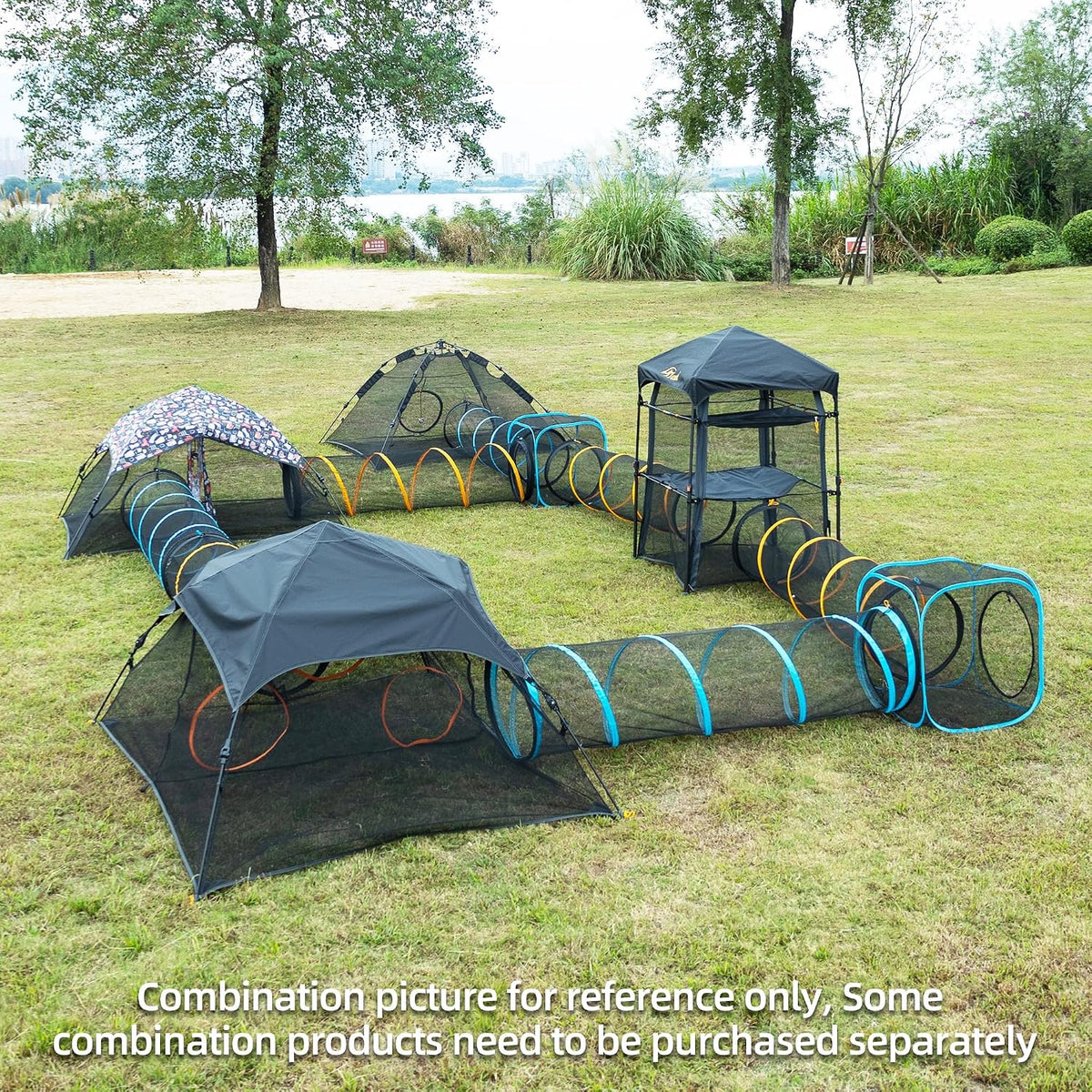 Cat Play Tunnel + Cube(with Three Ways) for Indoor and Outdoor, Cat Playpen, Play Enclosures, Collapsible Cube, Tunnel, Easy to Connect with Tent 2 Cubes + Run Tunnel