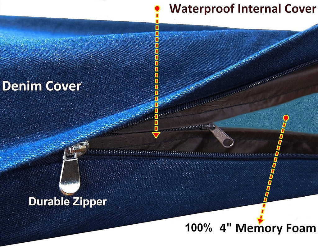 Dogbed4less Luxury Extra Large Orthopedic Memory Foam Dog Bed for Large Dogs with Durable Waterproof Internal Case, Removable Washable Denim Cover and Extra Bonus Pet Bed Cover, XL 40X35X4, Blue