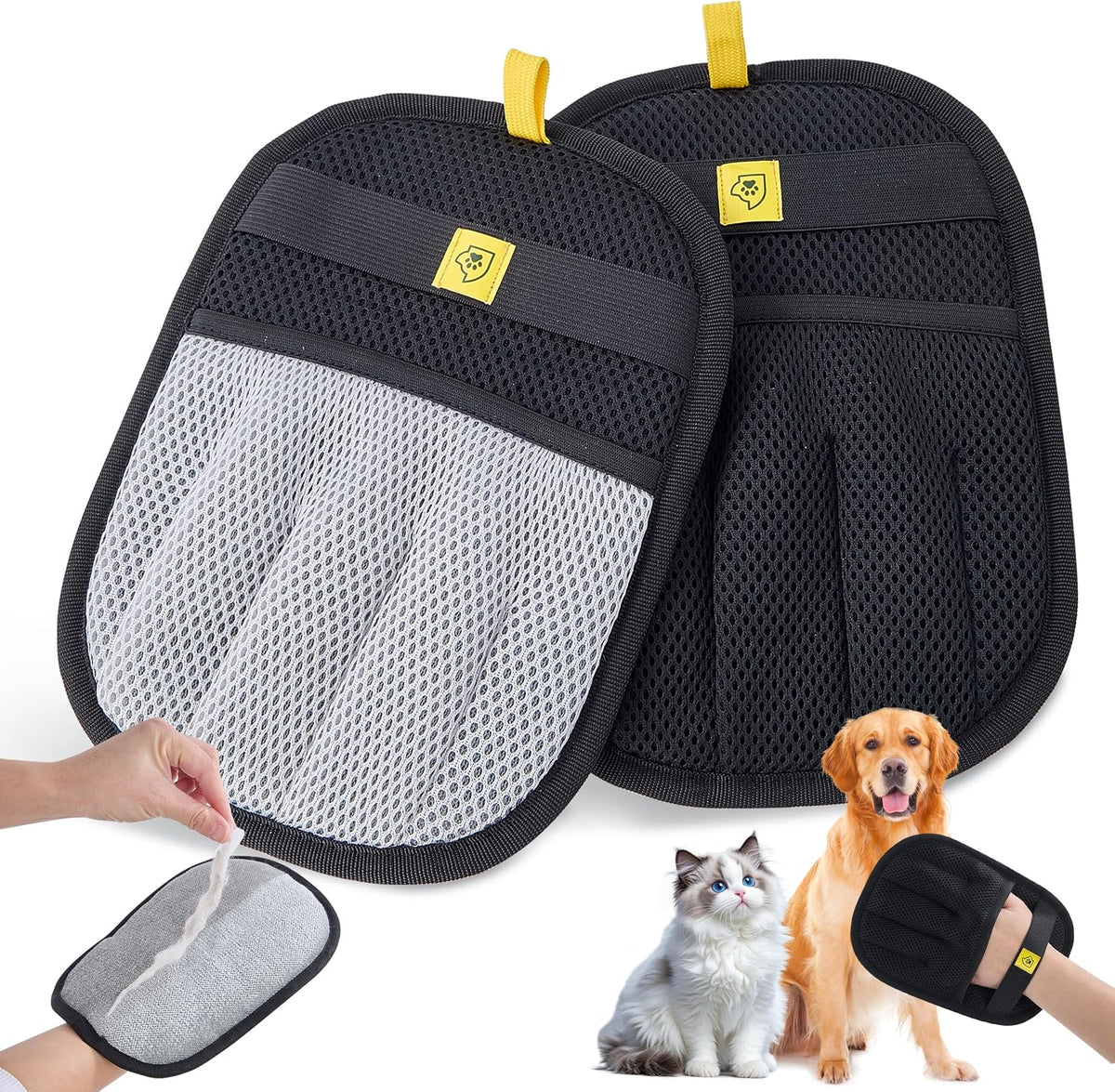 2 Pack Pet Hair Removal Glove for Dogs & Cats - Cat Hair Remover & Dog Hair Removal Tool, Electrostatic Reusable Pet Hair Glove for Furniture, Laundry, Couch, Carpet & Car Seat (Gray/Black Combo)