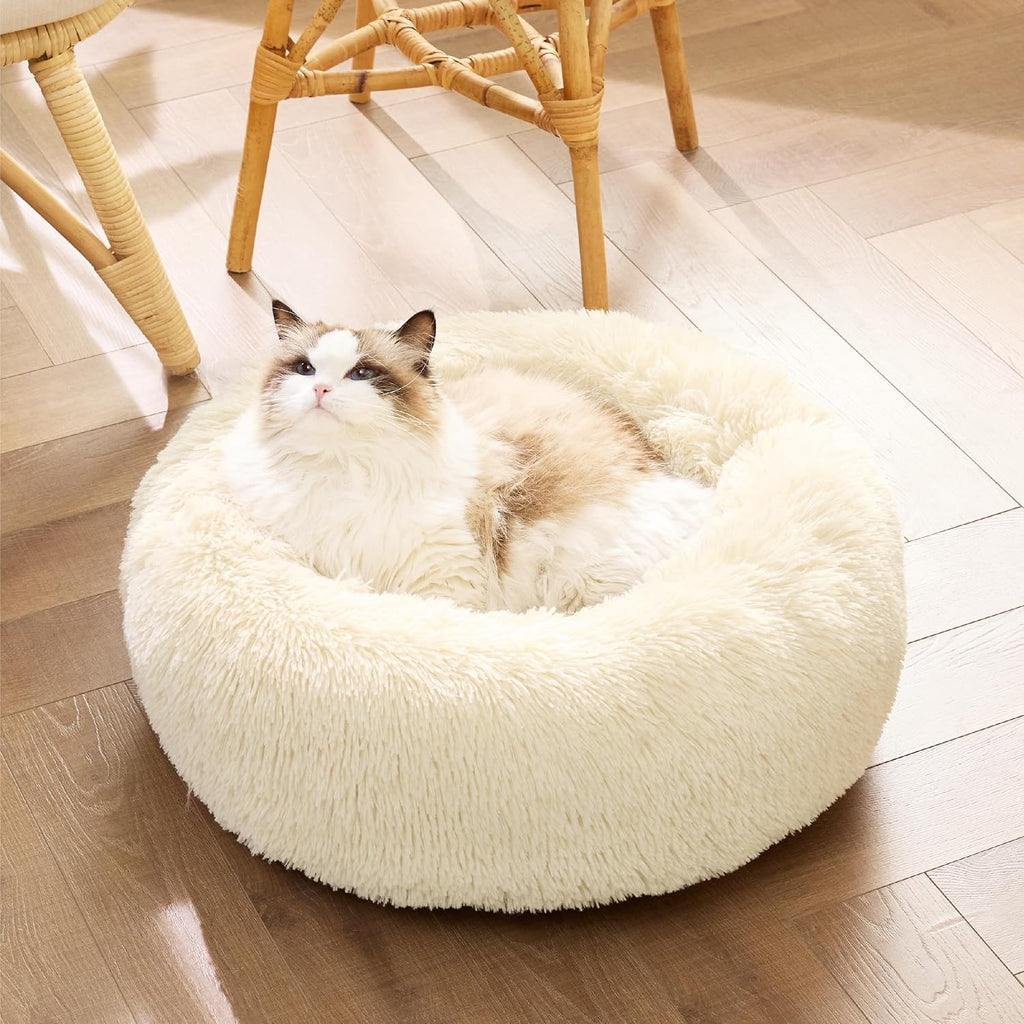 Bedsure Calming Cat Beds Donut Round Washable Kitten Bed,20 inches Cream