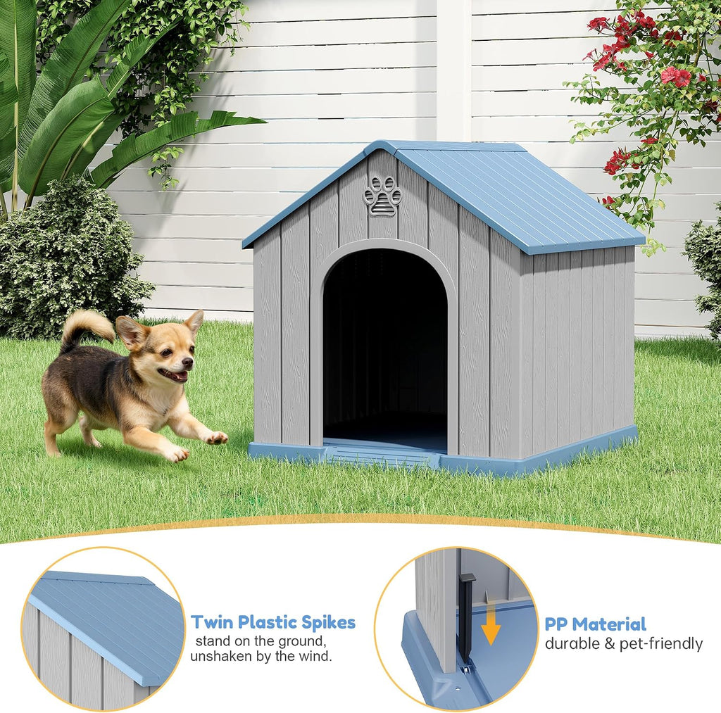Fancyango Dog House Outdoor Indoor for Small Medium Dogs, Sturdy Plastic Waterproof Doghouse with Air Vents and Elevated Floor, Easy Clean and Assemble (Blue, 26.18''L × 24.02''W × 25.98''H)