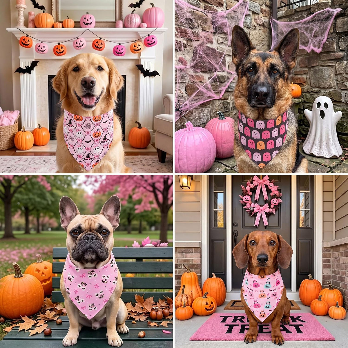 ADOGGYGO Pink Halloween Dog Bandanas, 4 Pack Girl Dog Halloween Scarf, L
