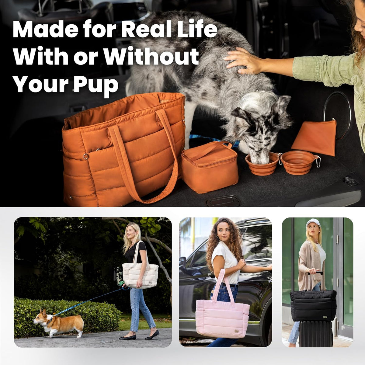 Rubyloo Puffer Dog Travel Bag for Dog Moms, Diaper Bag with Travel Bowls