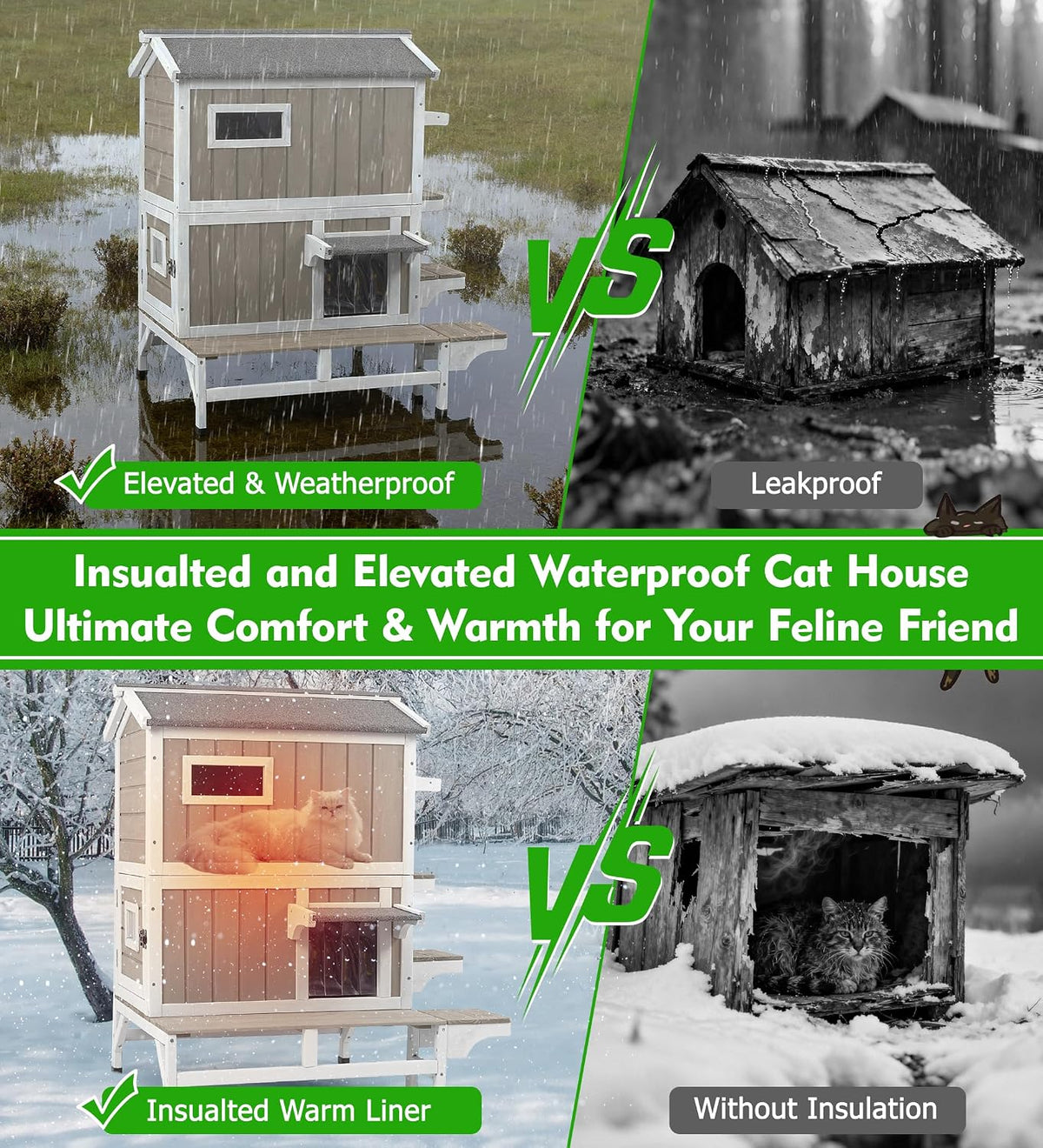 GoWoodHut Outdoor Cat House Weatherproof Cats Shelter for Feral Kitten Pet Houses for 1-2 Small Animlas 2 Story Wooden Houses for Indoor Outdoor Cats with Escape Doors (2 Story Cat House-73TI)
