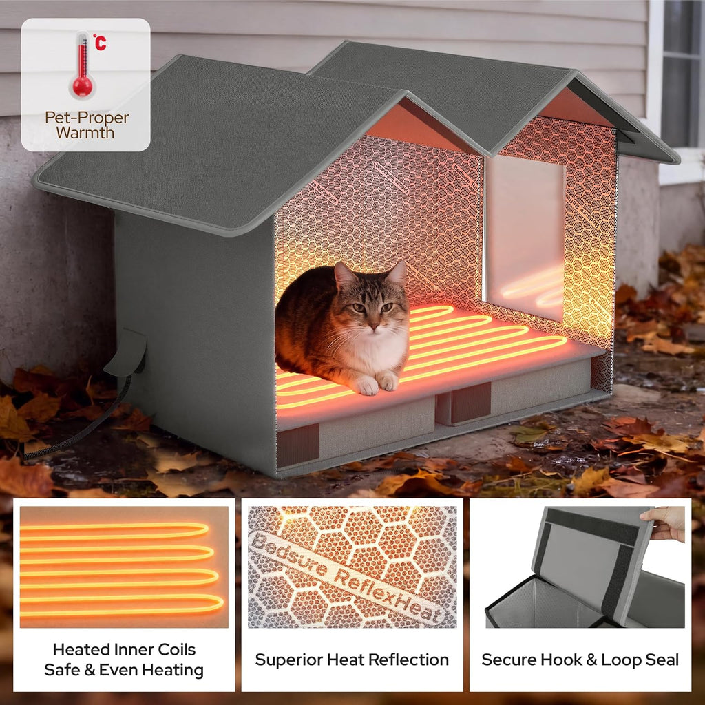Bedsure ReflexHeat™ Extra Wide Heated Cat House for Outside with Raise Base