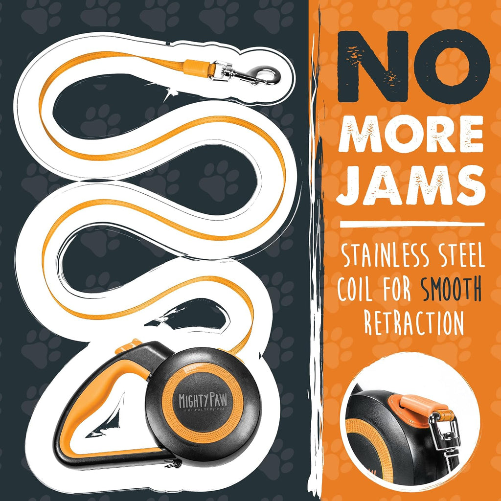 Mighty Paw Retractable Dog Leash 2.0 | 16' Heavy Duty Reflective Nylon Tape Lead for Pets up to 0-50 lbs. Tangle Free Design W/One Touch Quick-Lock Braking System & Anti-Slip Handle (Orange/Lite)