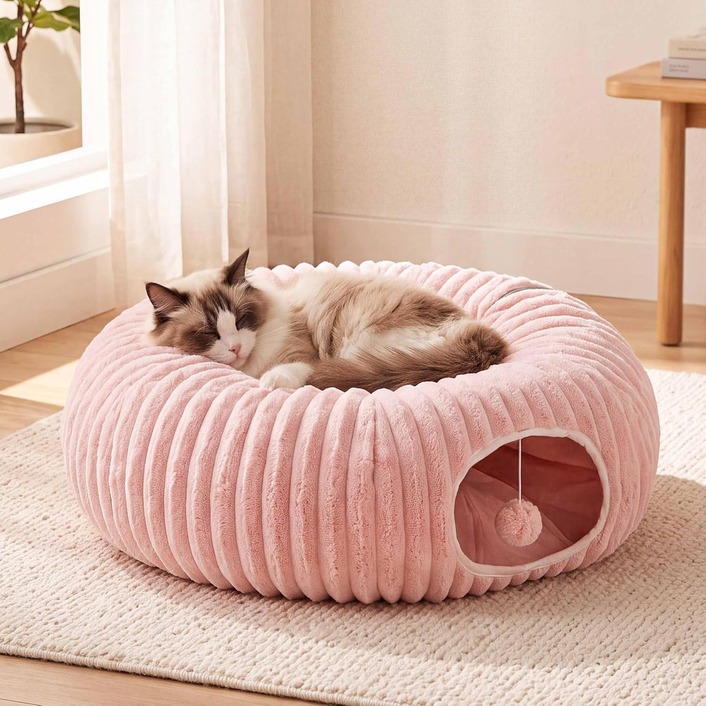 Cat Tunnel Bed with 40 Pcs Interactive Cat Toys, Pink