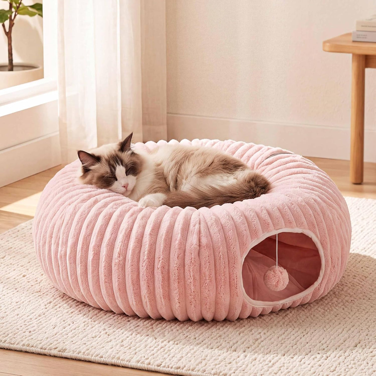 Cat Tunnel Bed with 40 Pcs Interactive Cat Toys, Pink