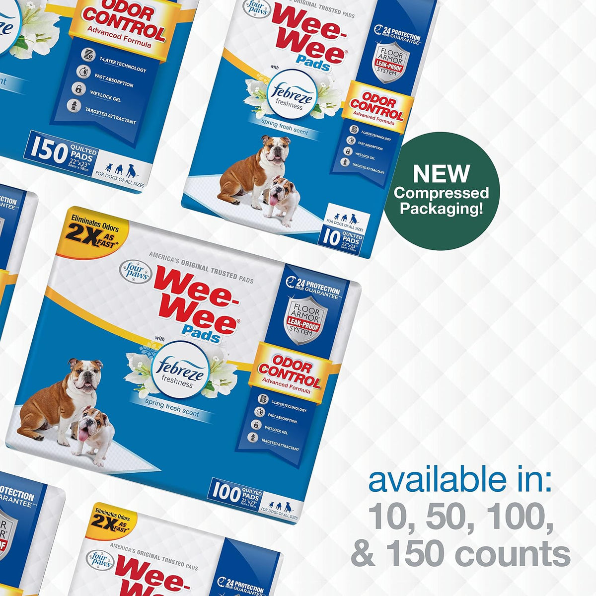 Four Paws Wee-Wee Odor Control with Febreze Freshness Pee Pads for Dogs & Puppies, Leak-Proof Dog Housebreaking Potty Training Floor Protection, Spring Fresh Scent, 22" x 23", 50 Count