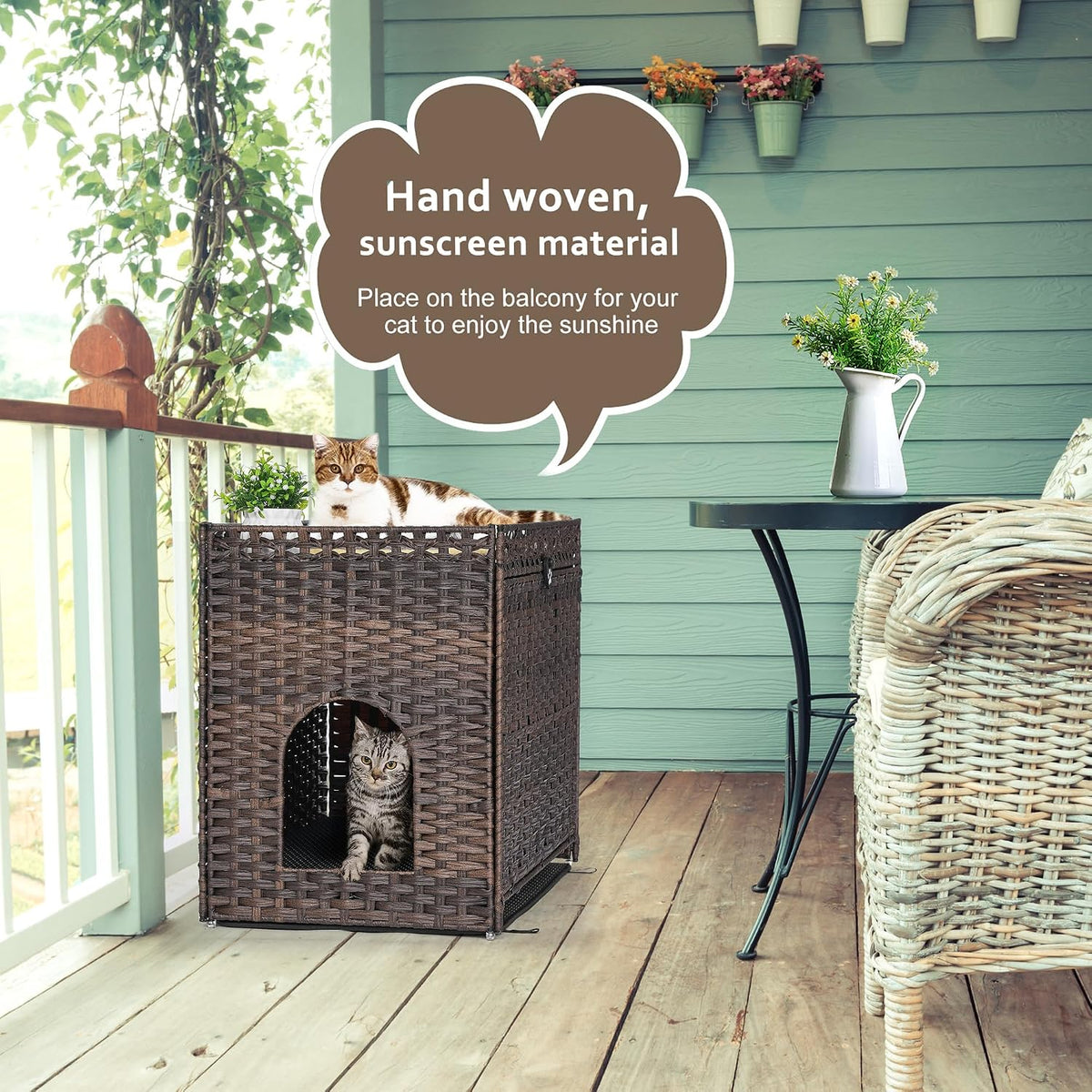 Cat Litter Box Enclosure with Door, Hidden Cat Washroom Furniture | Handwoven PP Wicker; Soft Litter Mat Included; Spacious Interior; Furniture-Style Design; Indoor Home Décor