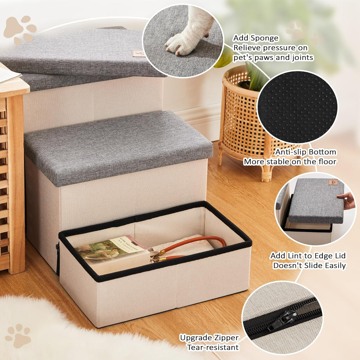 Love's cabin Dog Stairs for High Bed, Foldable Pet Stairs for Small Medium or Large Dogs Puppy with Storage for Bed or Couch, Cat Dog Steps Ramp with Zip up to 200 lbs, Light Grey, 3 Steps