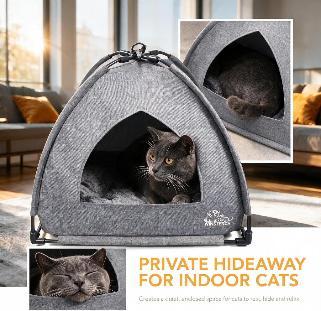 Winsterch Gray Cat Tent Covered Pet House for Indoor Cats, Washable Cushion