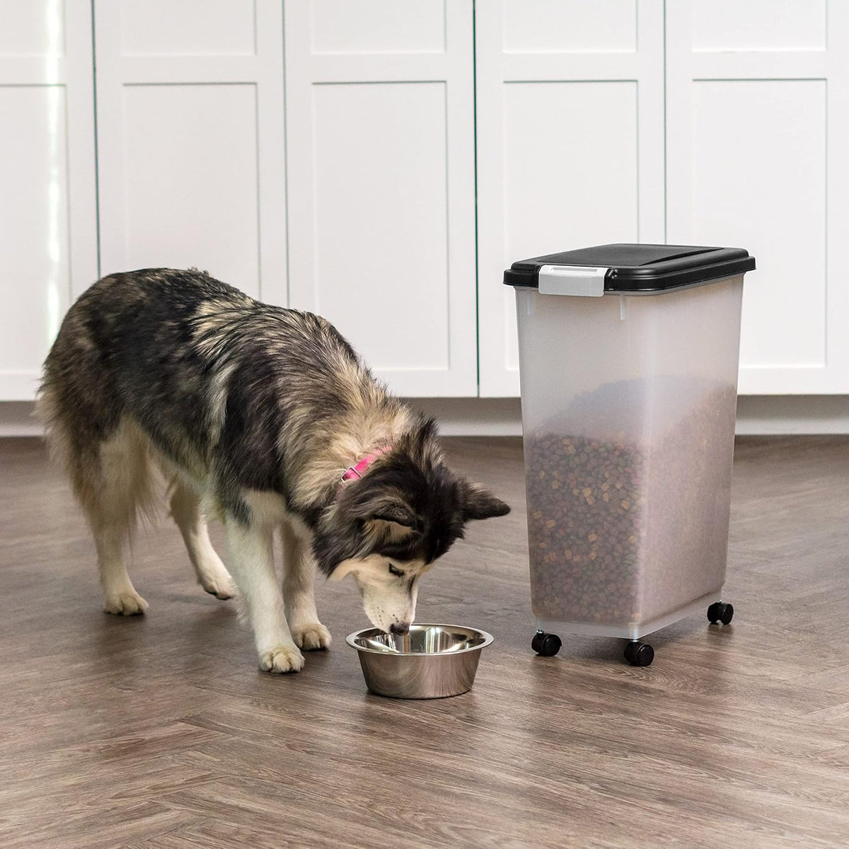 IRIS USA Dog Food Storage Container, Up to 38 lbs, Black, Made in USA | Wheels for Mobility, Airtight Seal, BPA-Free, Best for Bird Seed, Cat food, Cat Litter, Chicken Feed, Pellets 