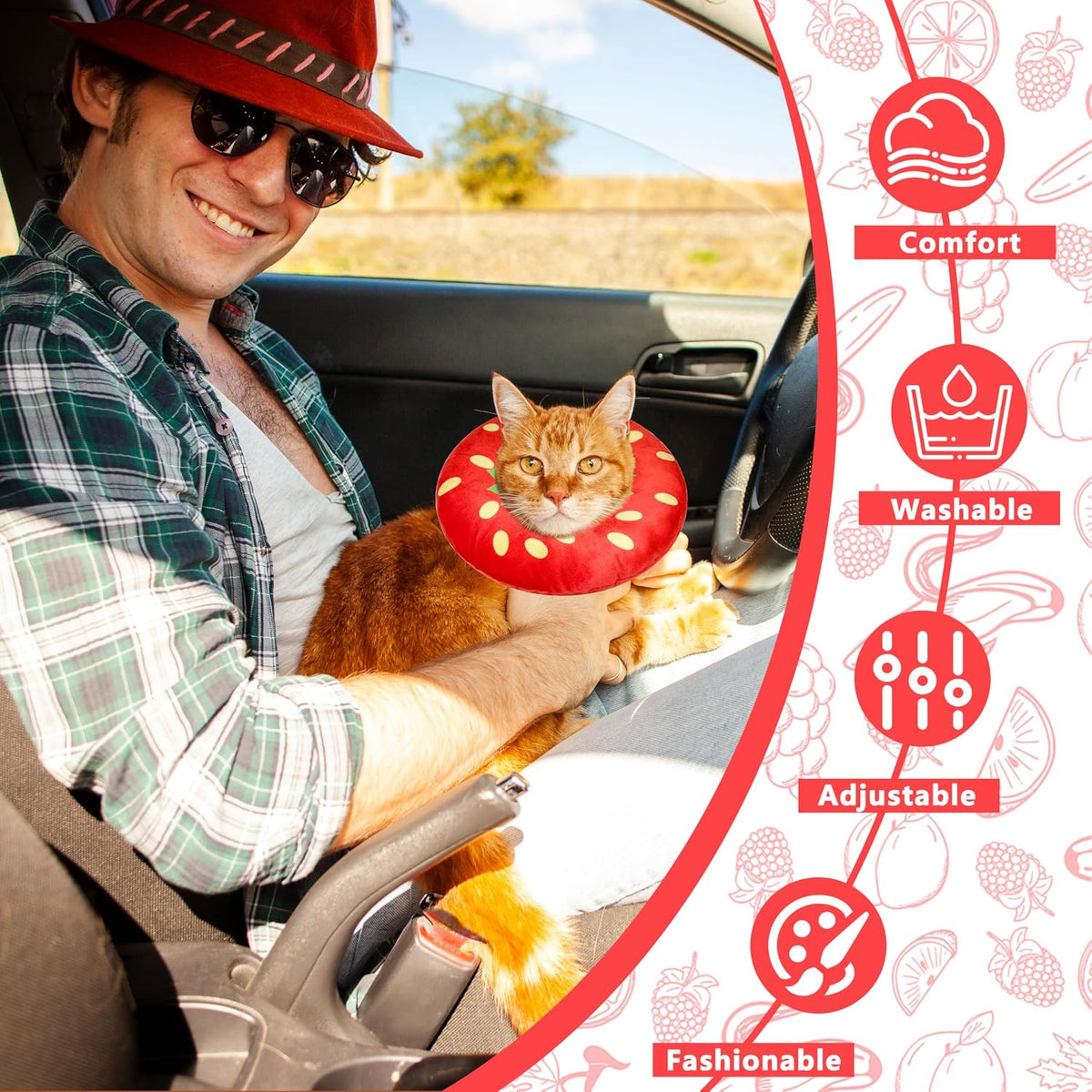 Cat Cone Collar Soft, Cat Recovery Cone (Strawberry, L)