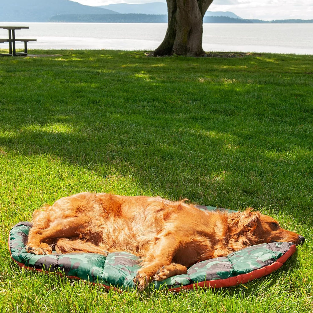 Furhaven Outdoor Travel Dog Bed for Large/Medium Dogs w/ Carry Bag, Washable & Foldable, Great for Crates & Kennels - Trail Pup Travel Pillow Mat w/ Stuff Sack Bag - Paprika/Camo-Paw, Large